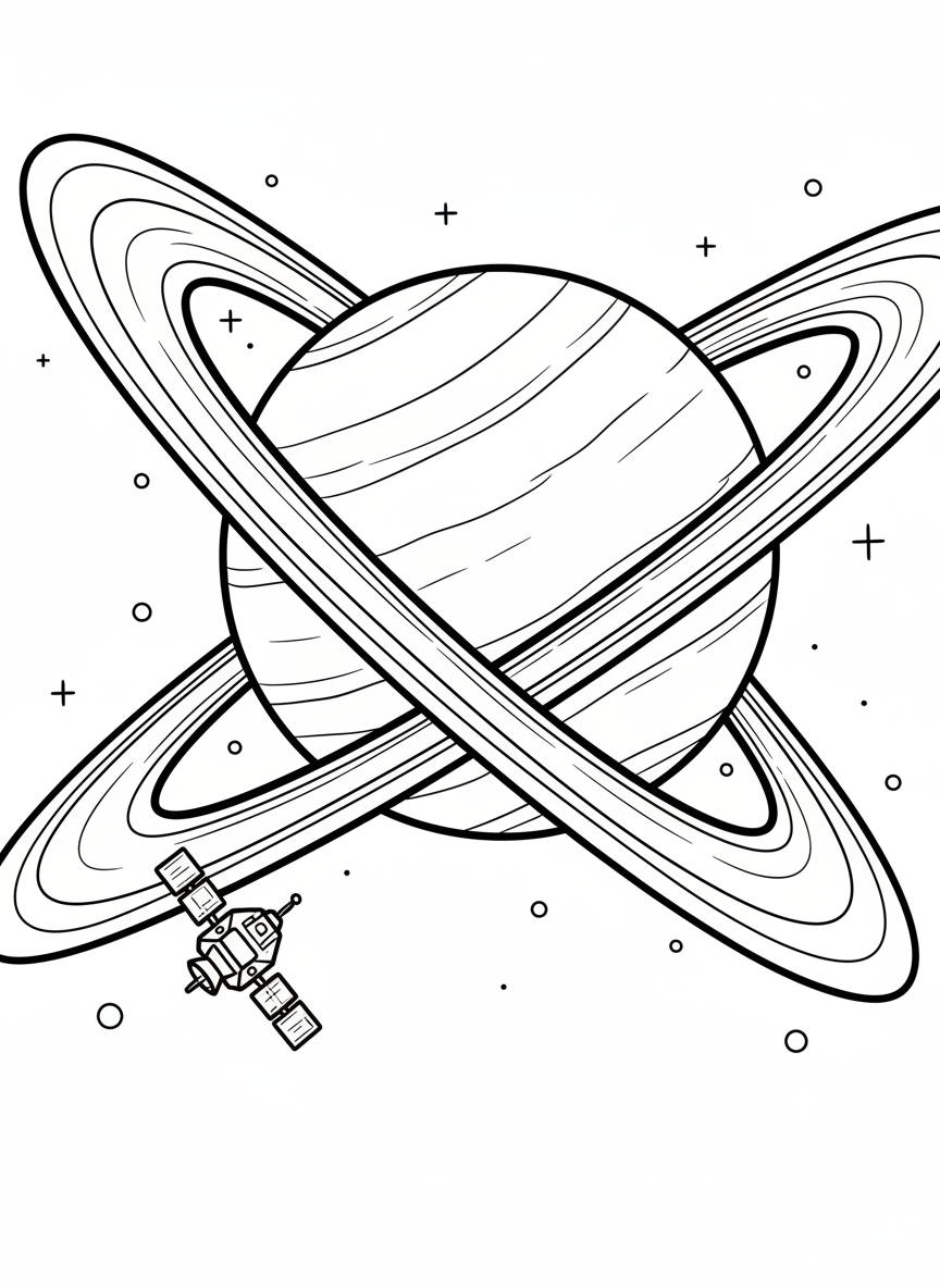 Saturn with its beautiful rings taking up most of the scene, with a small spacecraft flying past for scale