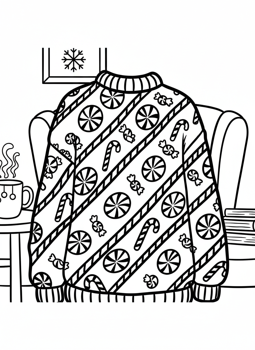 A bold sweater covered in repeating patterns of candy canes, lollipops, and peppermints arranged in diagonal stripes.