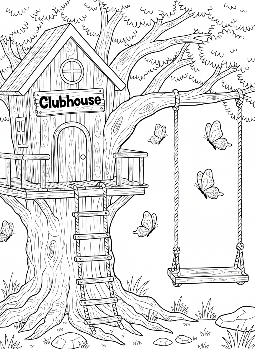 A simple treehouse scene with a child's rope swing, a wooden sign saying 'Clubhouse', and butterflies flying around.