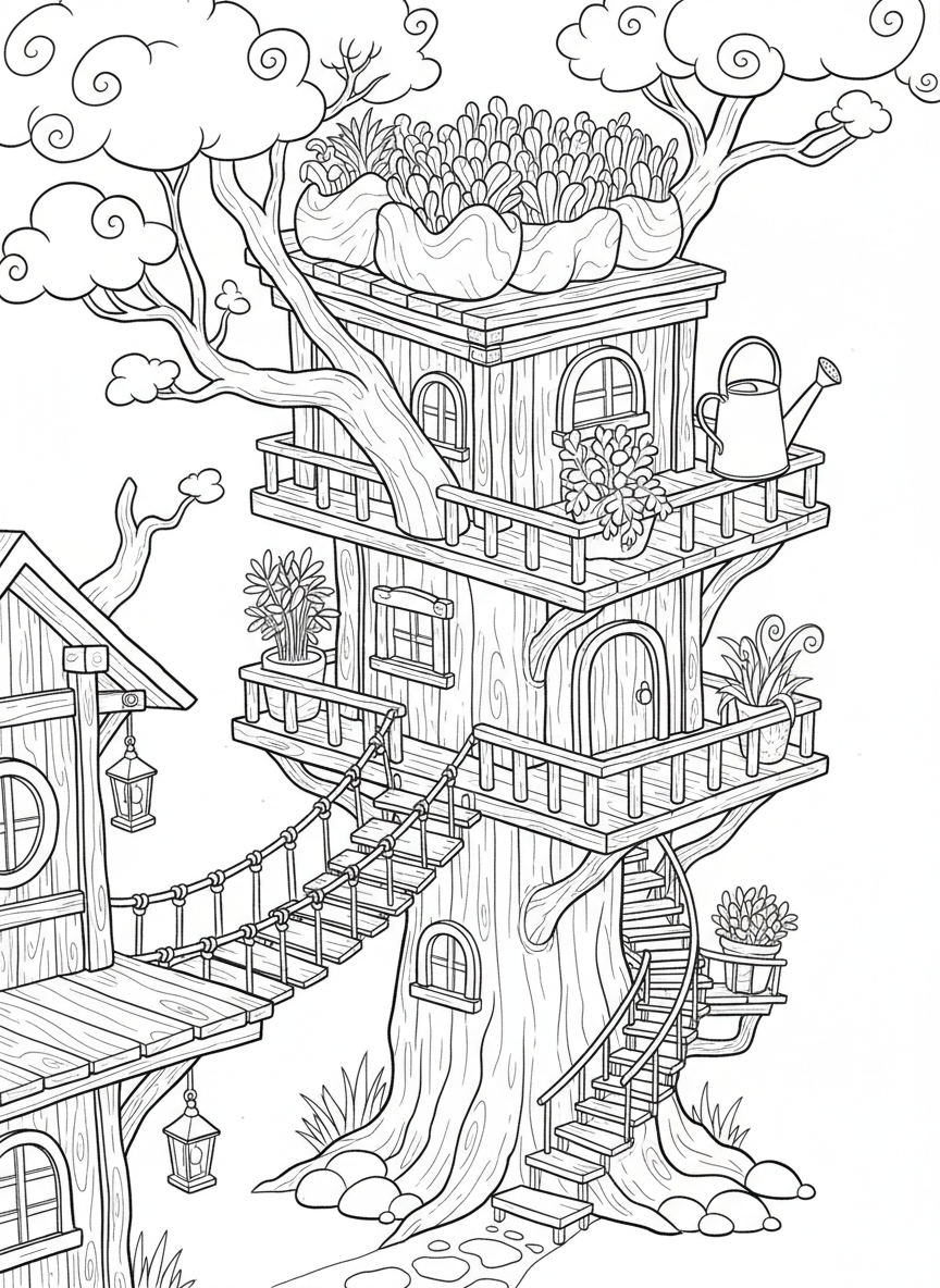 A treehouse with a rooftop garden, potted plants, and a watering can sitting on the railing.