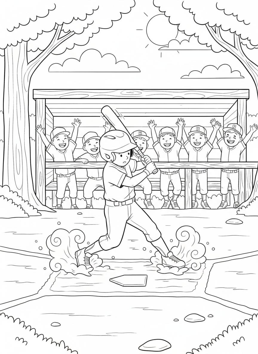 A young Little League batter taking a powerful swing at a pitch, dirt kicking up around their cleats at home plate, excited teammates cheering from the dugout bench in the background.
