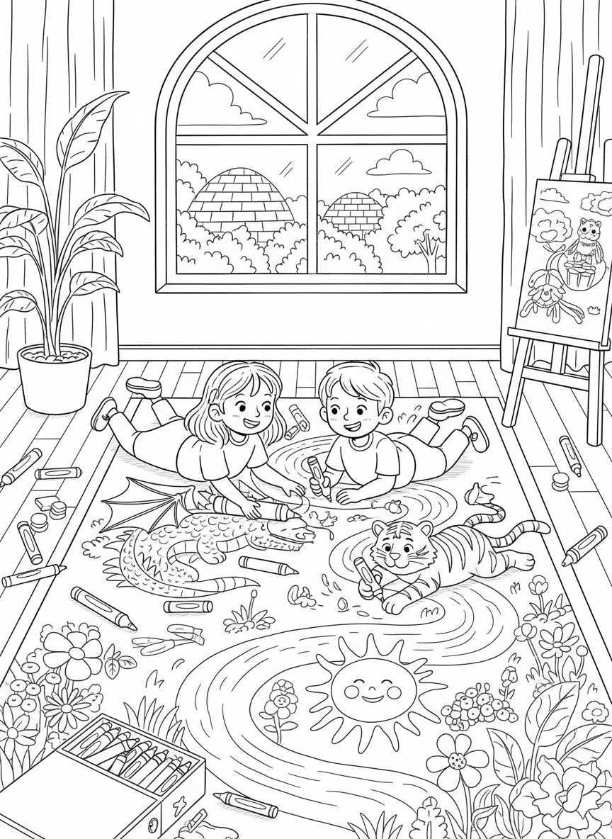 Two kids working together on a large floor mural, lying on their stomachs with crayons and markers spread all around them.
