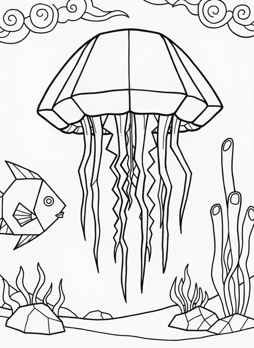 An origami jellyfish floating downward with zigzag folded tentacles, bell-shaped head with geometric panels, simple and whimsical design
