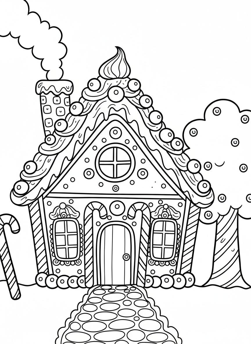 A gingerbread house decorated with candy canes, gumdrops, icing details, and a frosting roof.
