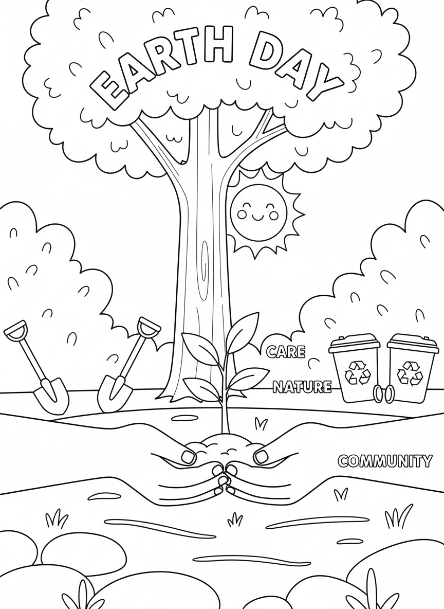 Earth Day coloring page prompts celebrating environmental awareness, nature care, and community action.	A close-up of hands gently holding a small plant ready to be planted.