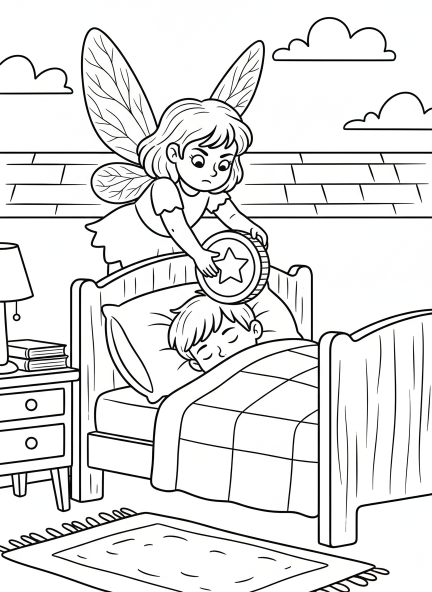 A young tooth fairy placing a coin under a pillow while a child sleeps peacefully in bed