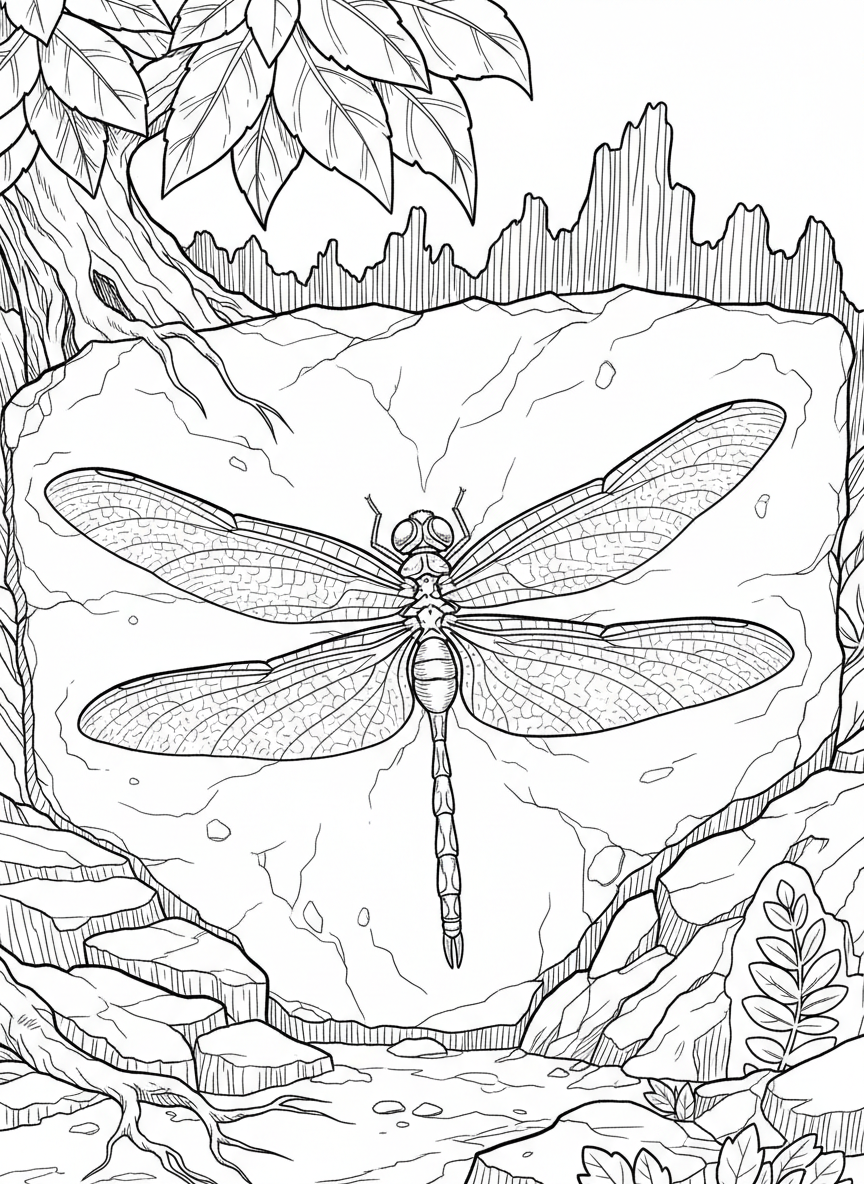 A prehistoric dragonfly fossil with outstretched wings preserved in stone, showing delicate wing patterns