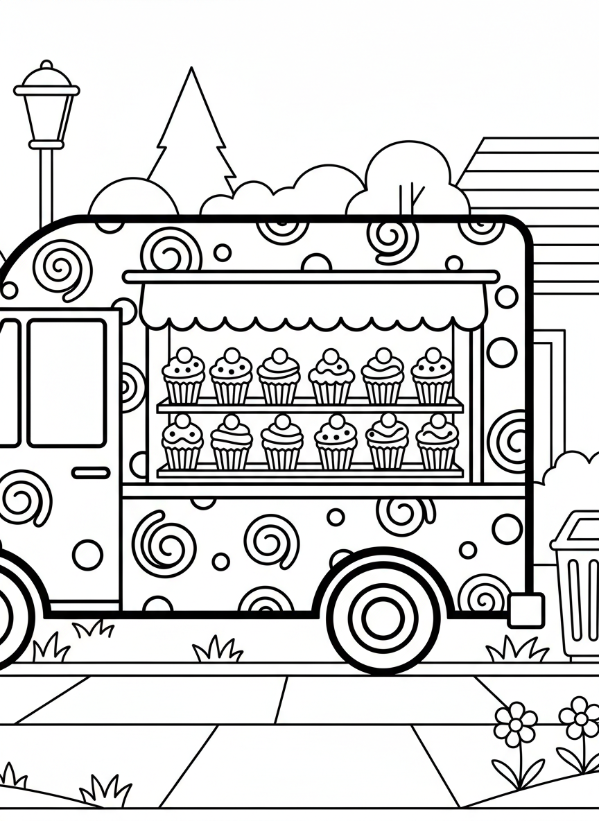A cupcake food truck decorated with frosting swirls and sprinkles, displaying tiered trays of cupcakes in the serving window.