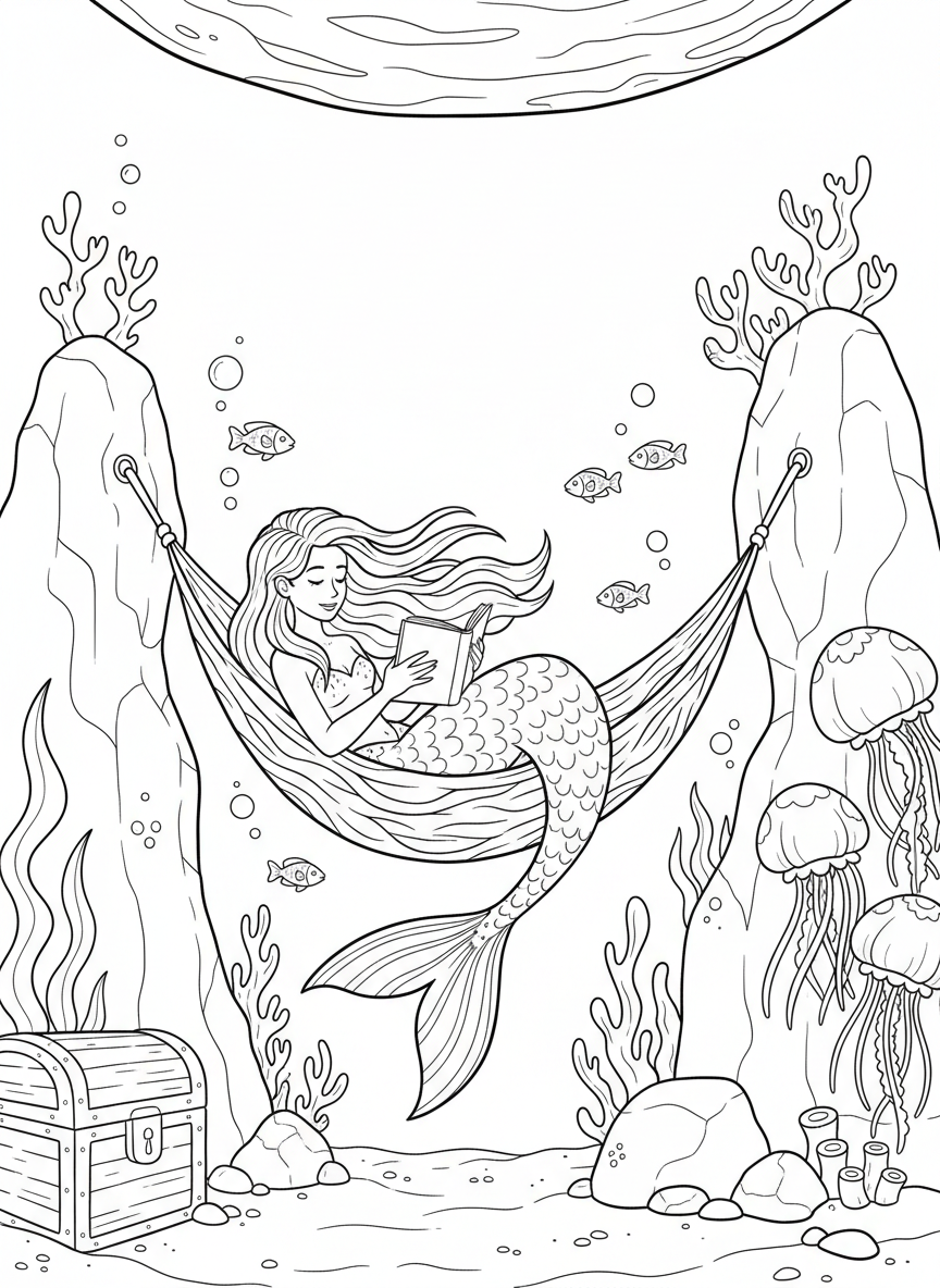 An underwater scene with a mermaid reading a book while relaxing in a hammock made of seaweed between two rock formations