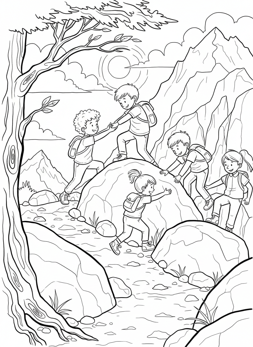 Kids climbing over large boulders and rocks on a mountain path, helping each other reach the top.