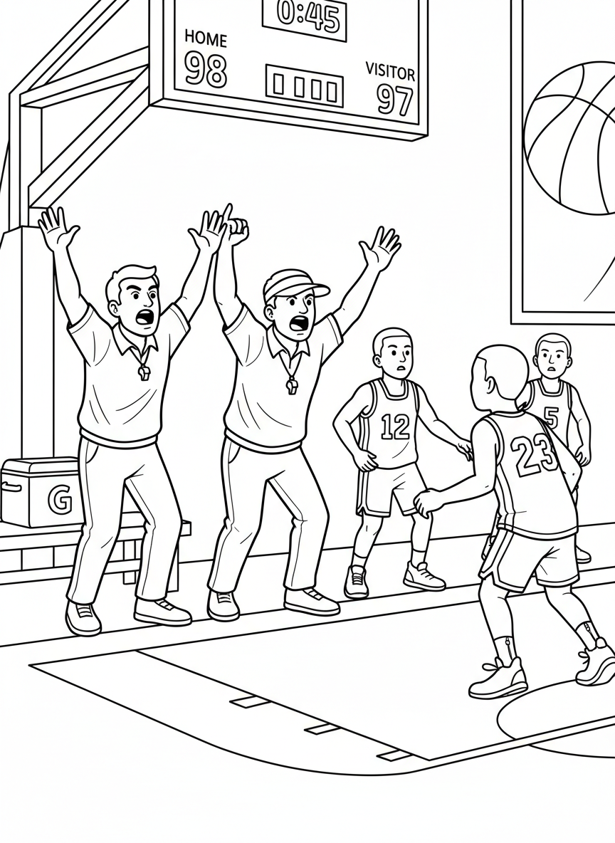 basketball Coaches shouting instructions from the sideline, not angry, arms raised as players signal a play call and reset their positions during a critical final-minute possession.