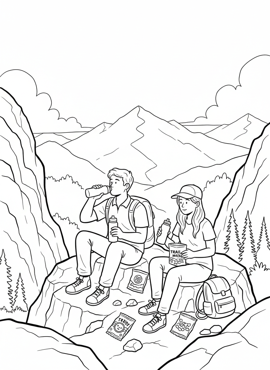 Two young hikers taking a water break, sitting on rocks with their water bottles and snacks, mountains in the background.