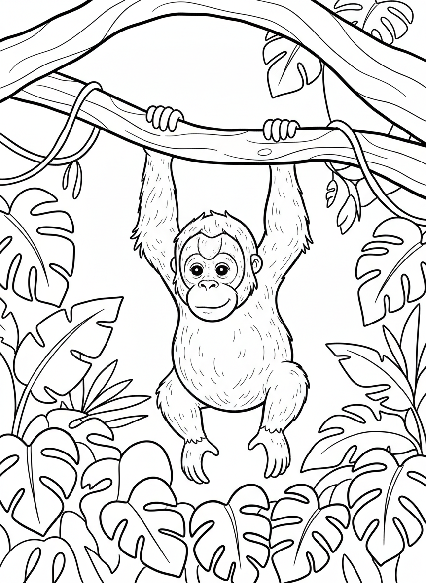 A baby orangutan hanging from a tree branch with both hands, showing its fuzzy fur and curious expression.