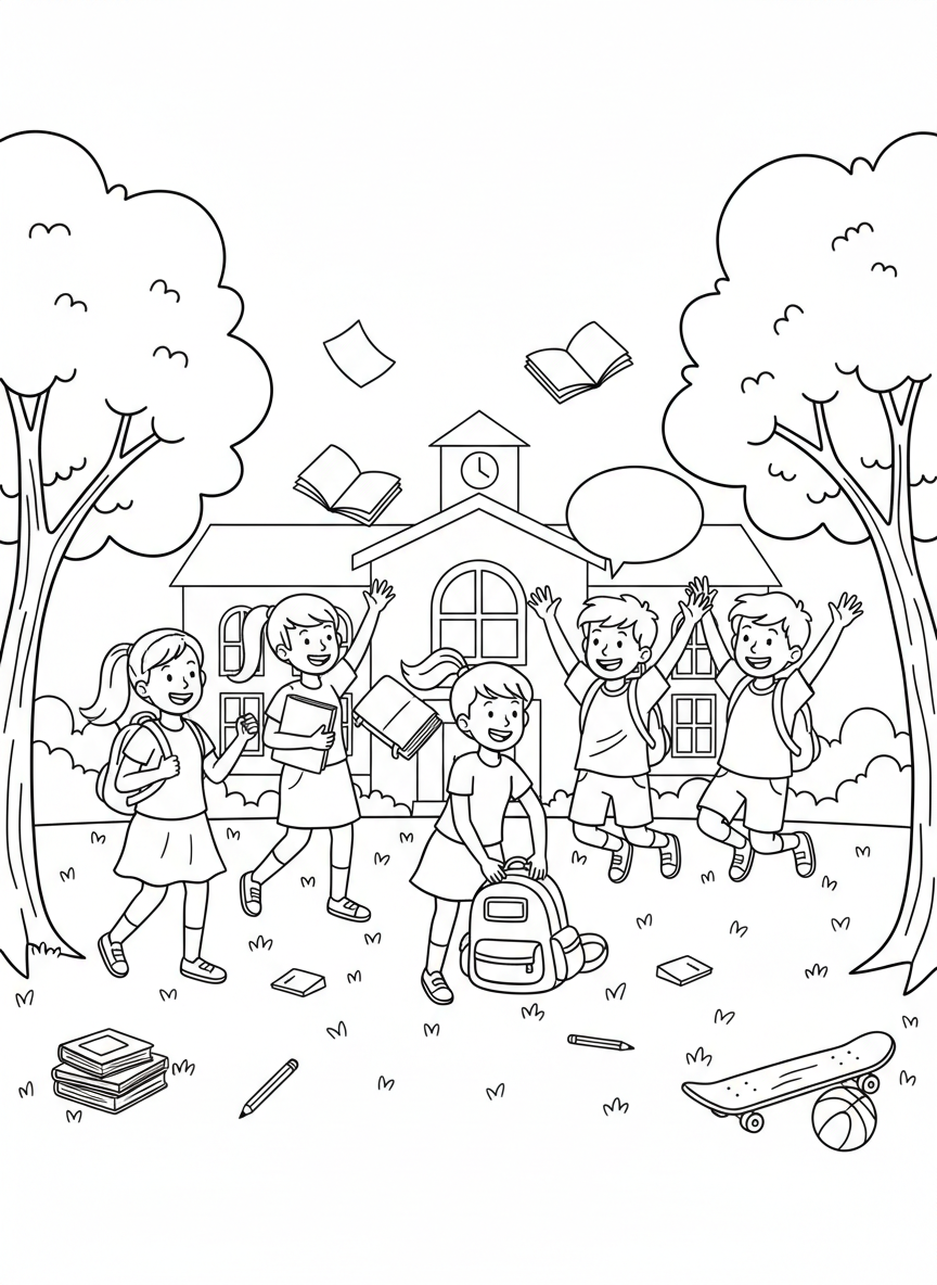 Last Day of School coloring page prompts capturing celebration, relief, nostalgia, and the start of summer freedom.	A celebratory outdoor scene with students tossing notebooks into backpacks and cheering together.