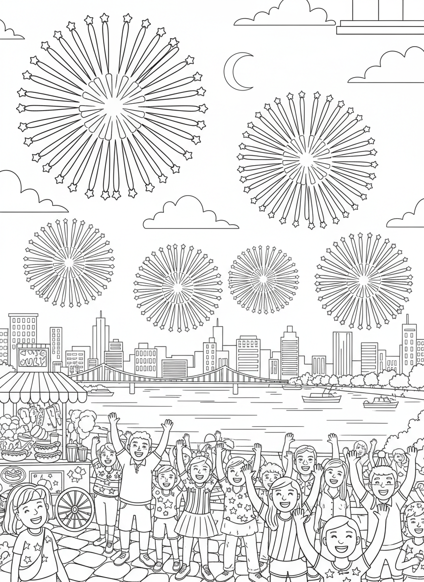 Fourth of July coloring page prompts celebrating summer patriotism, fireworks, parades, backyard traditions, and small-town American scenes.	A city riverfront packed with cheering spectators, food vendors lining the walkways as massive fireworks bloom above the skyline like glowing flowers in the night.