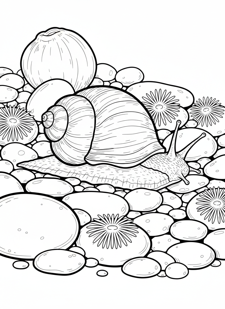 A whelk snail with elongated spiral shell exploring among rounded tide pool pebbles and small anemones