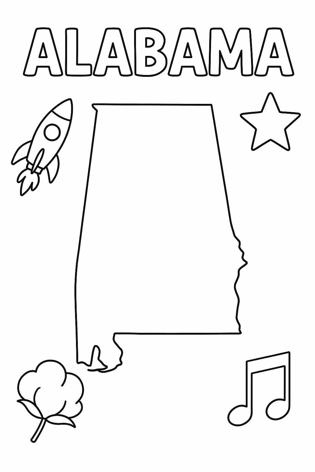 Write “Alabama” in outlined letters at the top. Create an outline of the state centered on the page. Add one rocket, one cotton plant, one star, and one music note in the four corners only.