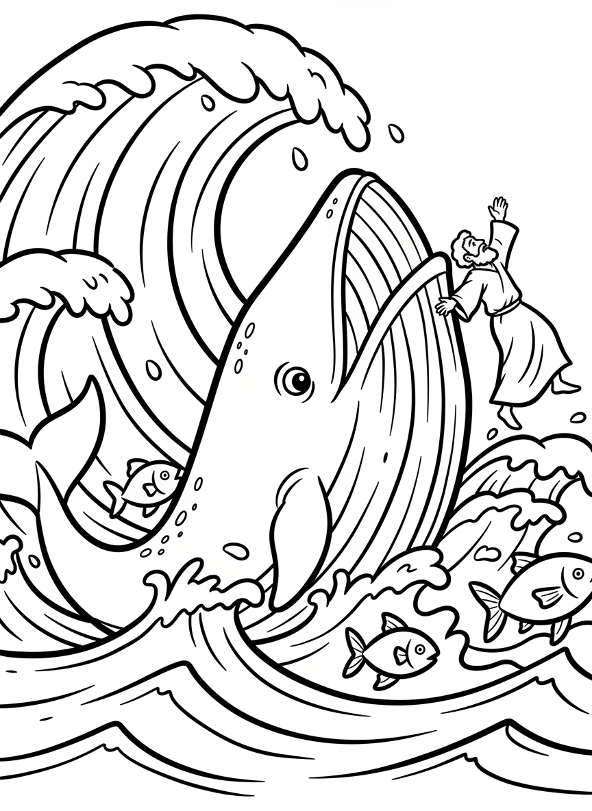 Jonah being swallowed by a large whale in the ocean with waves and fish around them