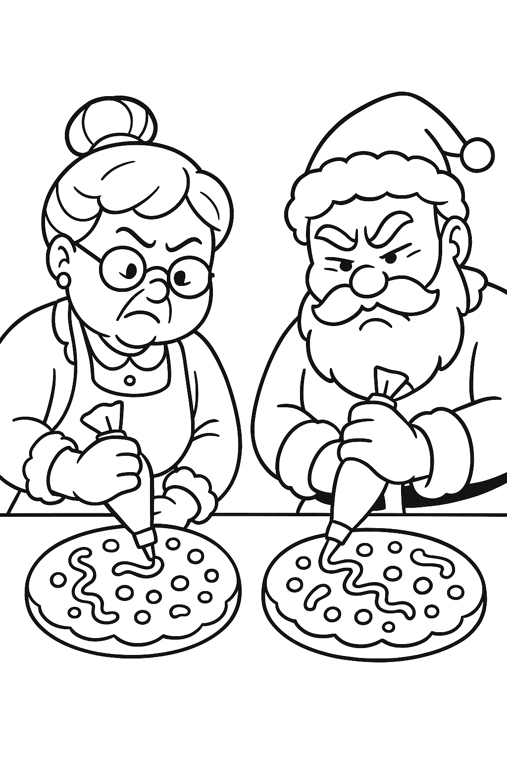 Mrs. Claus and Mr. Claus in a friendly bake-off, each decorating a giant cookie with silly concentration faces.