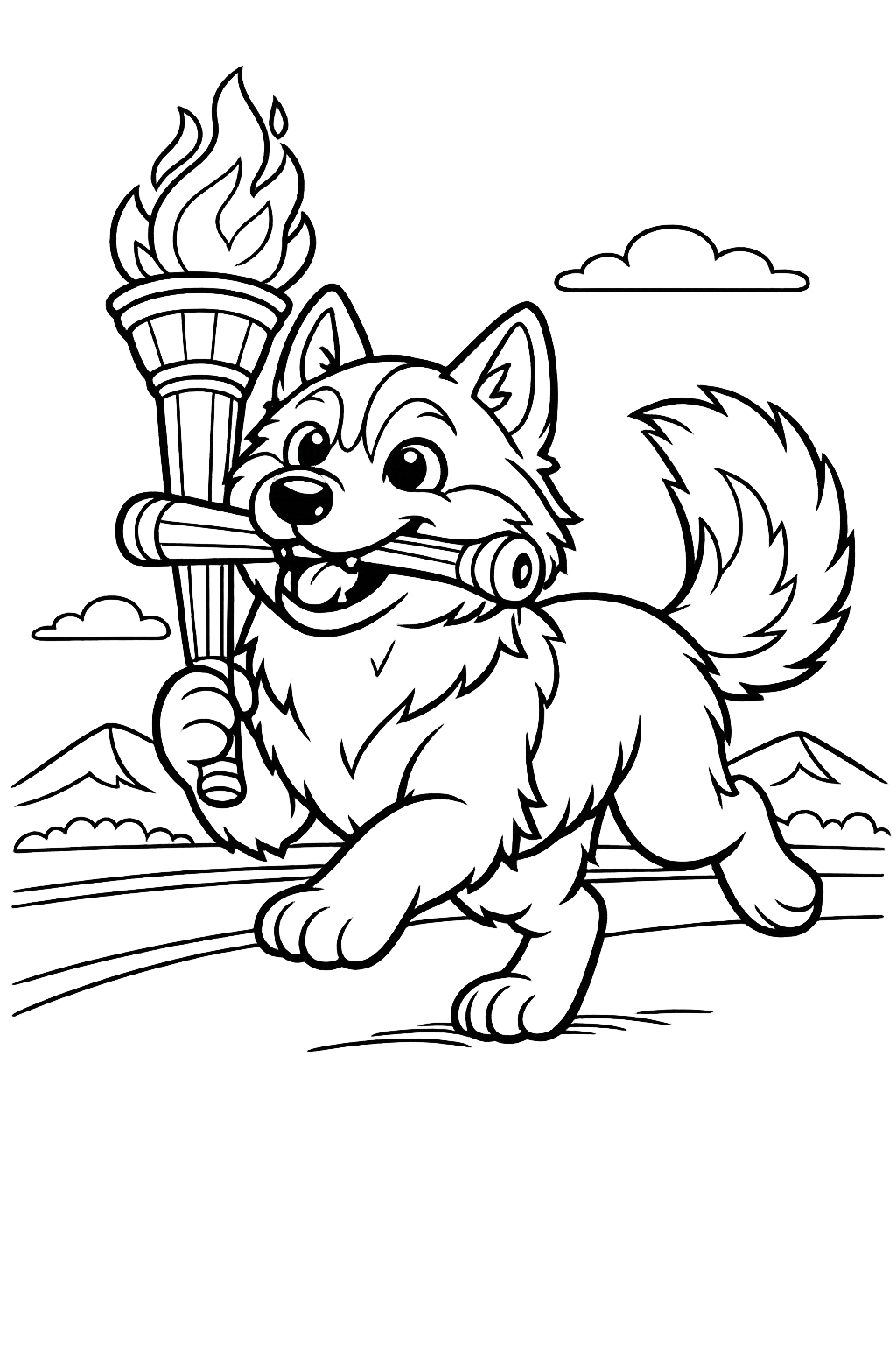 The Torch Relay: A happy husky dog running proudly holding the Olympic-style torch flame in its mouth.