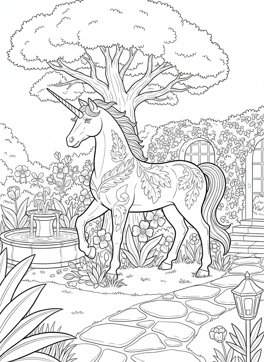 A large ceramic unicorn statue in a garden setting, adorned with leaf and flower motifs, majestic standing pose