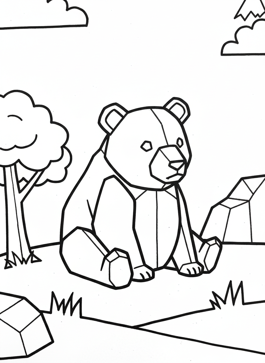 A cute origami bear cub with rounded geometric shapes, small triangular ears, and a sitting pose showing angular limbs and body segments.