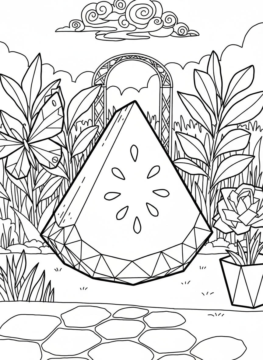An origami watermelon wedge with angular paper-fold lines, featuring geometric seeds and a zigzag rind pattern in black and white outline style.