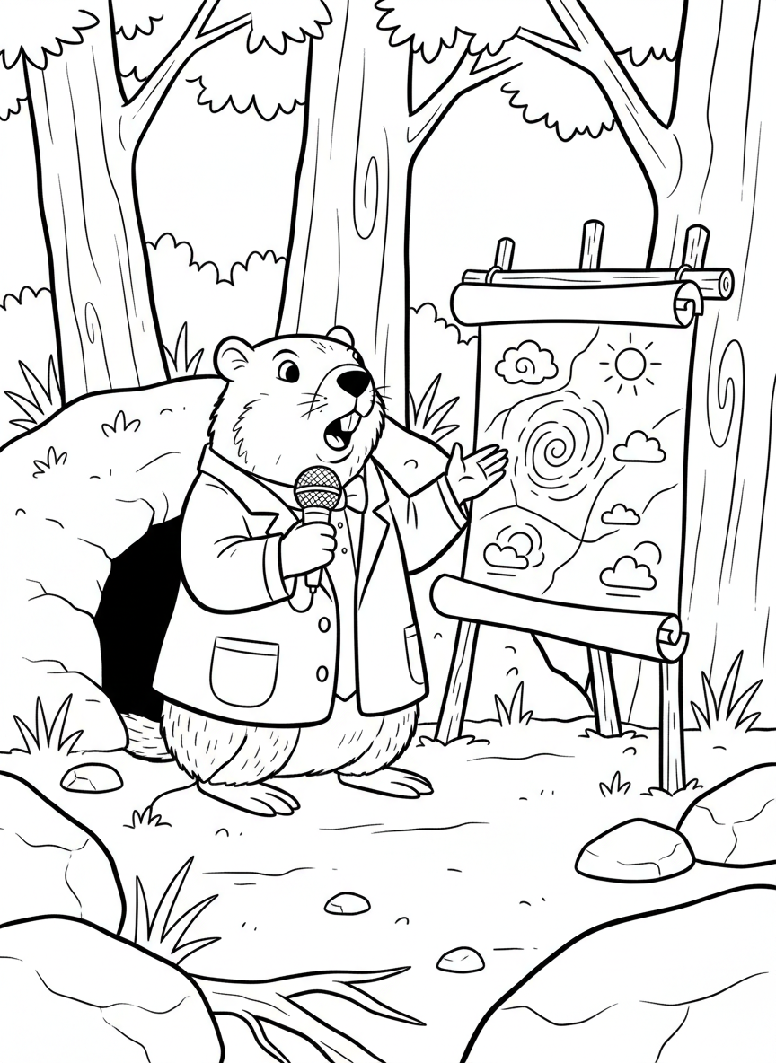 A groundhog meteorologist with a tiny microphone and weather map, reporting the forecast from outside his burrow