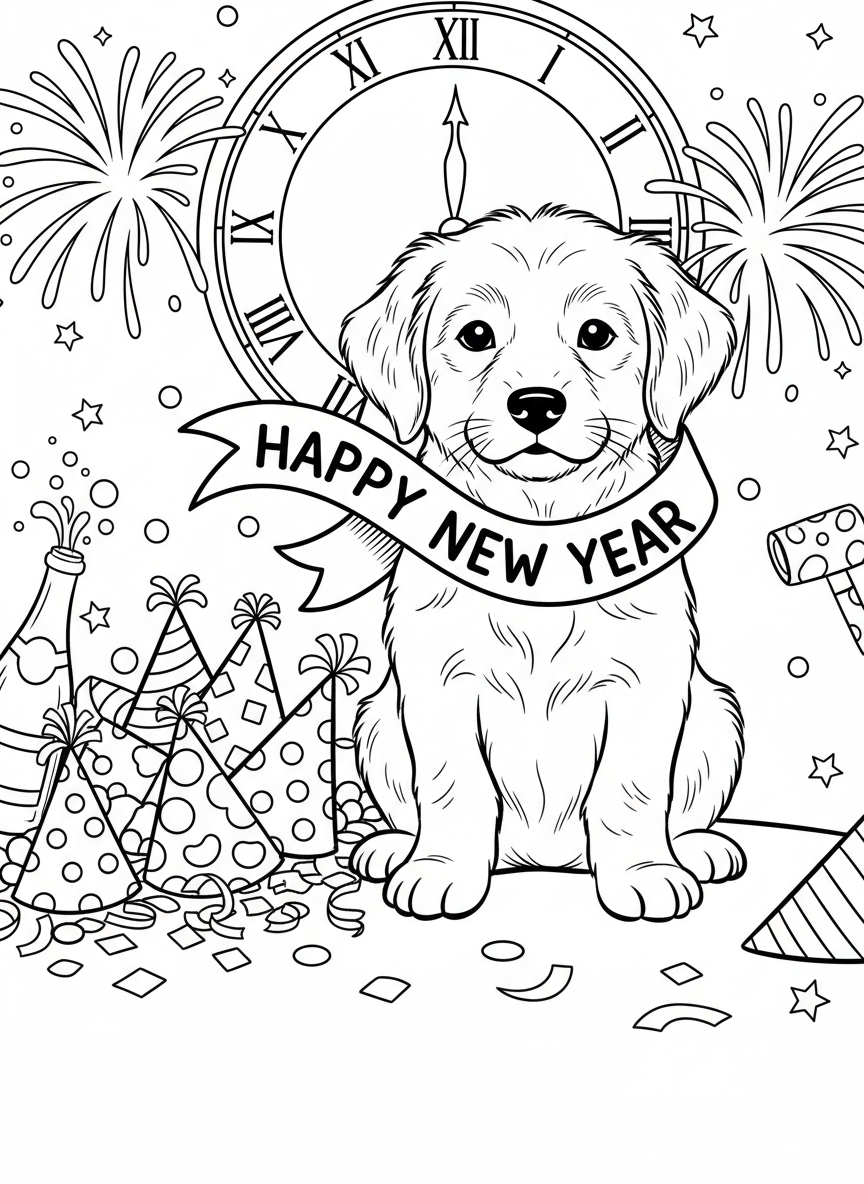 A cute puppy wearing a 'Happy New Year' banner, sitting next to a pile of party hats and confetti