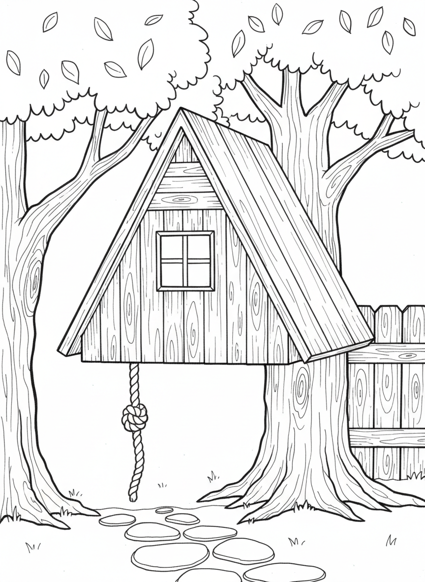 Simple A-frame treehouse with triangle roof, one window, and a knotted climbing rope, easy design for younger kids.