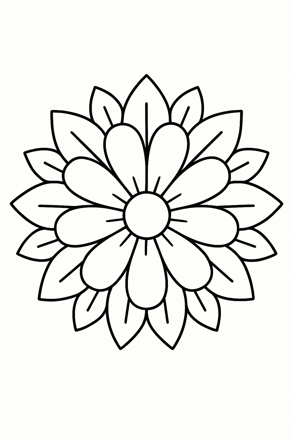 simple mandala: Flower Power: A large central flower with symmetrical petals radiating outward; the petals are big and easy to color.