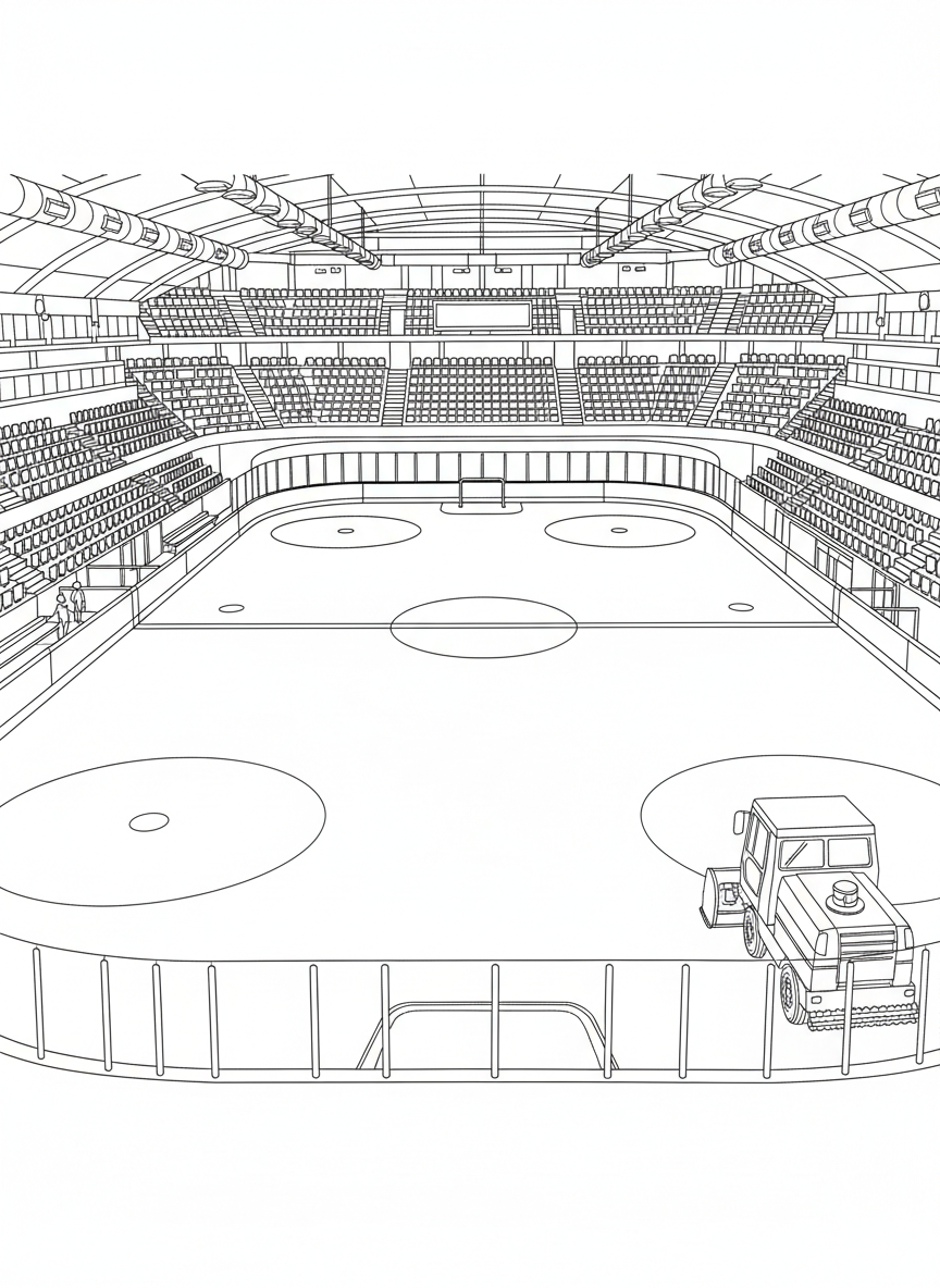 An indoor ice hockey arena with empty stands, goal nets, and zamboni in corner, detailed scene