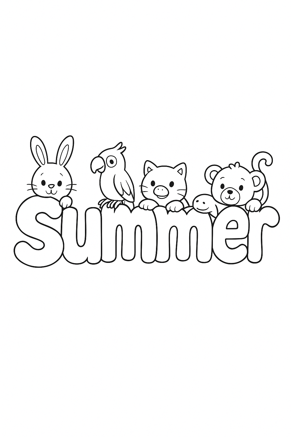 The name “Summer” in bubble letters with cartoon animals peeking out of each letter. make the name all on one line, capitalize only the first letter