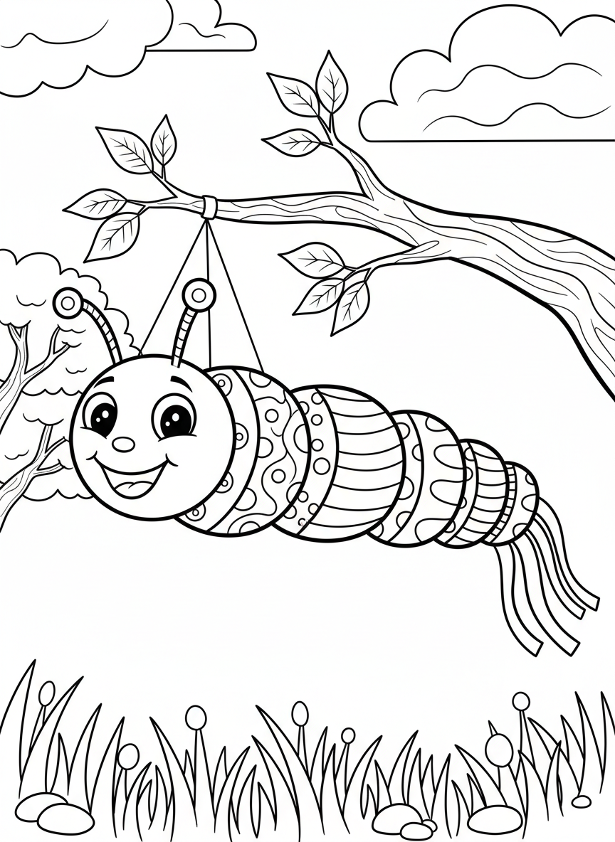 A windsock designed like a cheerful caterpillar with multiple colorful segments, antennae, and a happy face, hanging from a tree branch.