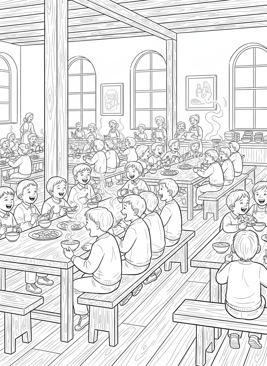 A mess hall interior with long tables and benches, children eating meals together and laughing.