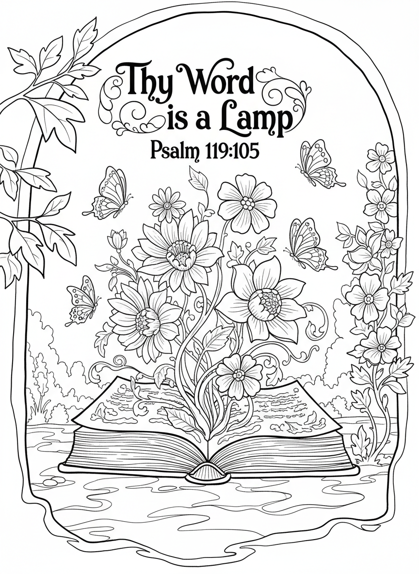 An open book with flowers growing from its pages, butterflies hovering above, and 'Thy Word is a Lamp Psalm 119:105' in decorative text