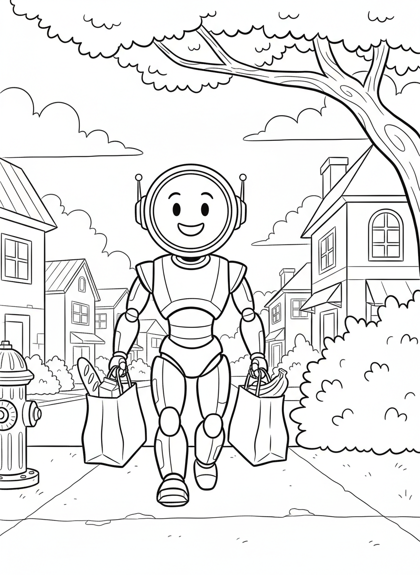 A helpful robot carrying groceries in both arms walking down a sidewalk, with a friendly smile display and shopping bags.