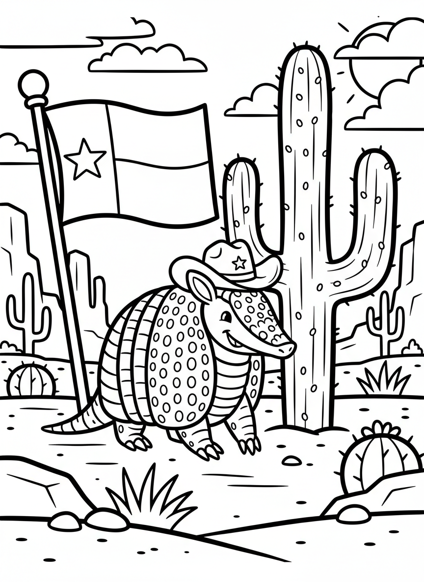 A friendly armadillo wearing a tiny cowboy hat standing next to a cactus and Texas flag, cute southwestern scene