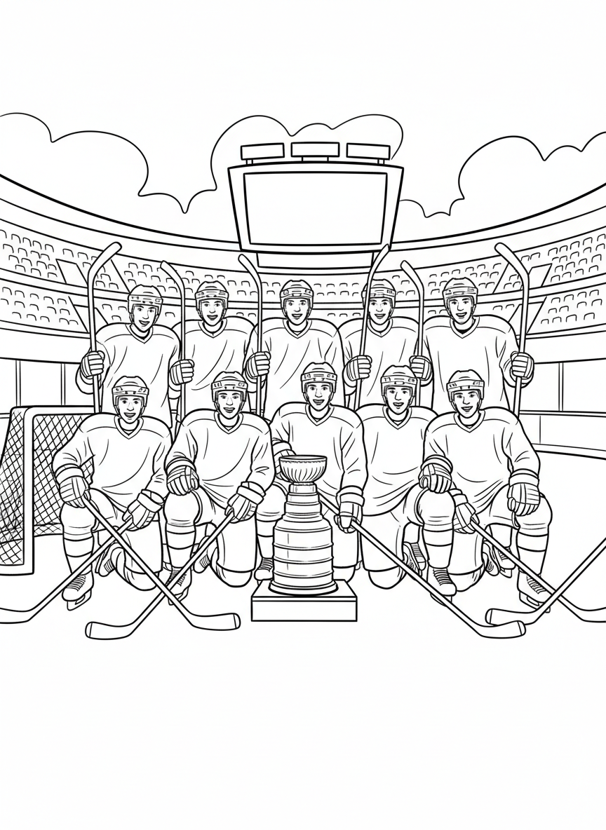 The championship team posing together for a group photo, all holding hockey sticks with the Stanley Cup in the center front.
