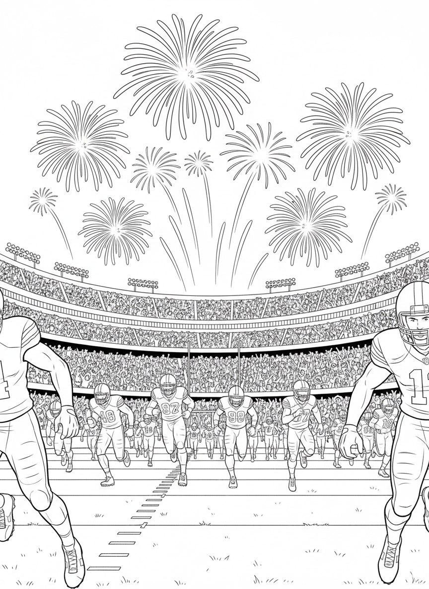NFL Kickoff coloring page prompts capturing the start of football season, anticipation, tailgates, and opening-week excitement.	Players charging onto the field as fireworks burst overhead and the crowd roars.