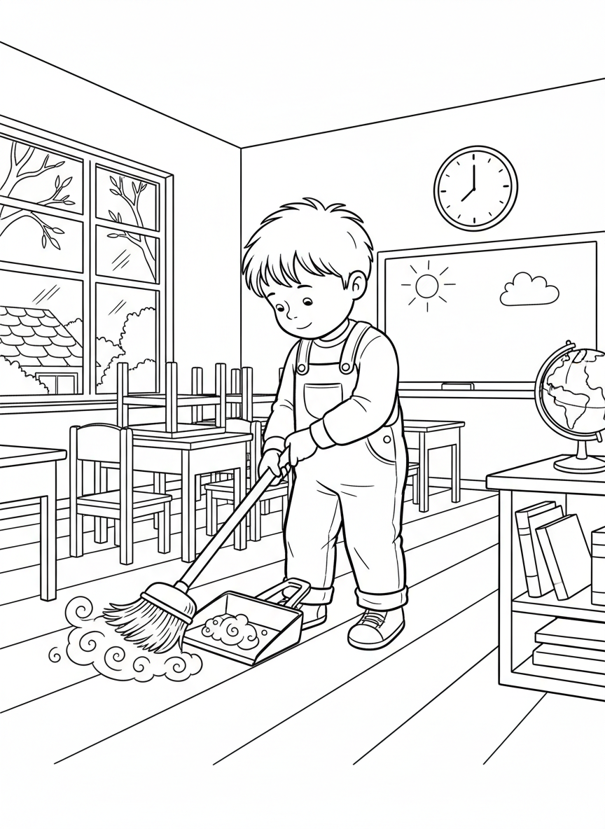A young student sweeping the floor with a child-sized broom, dust pan nearby, simple classroom setting