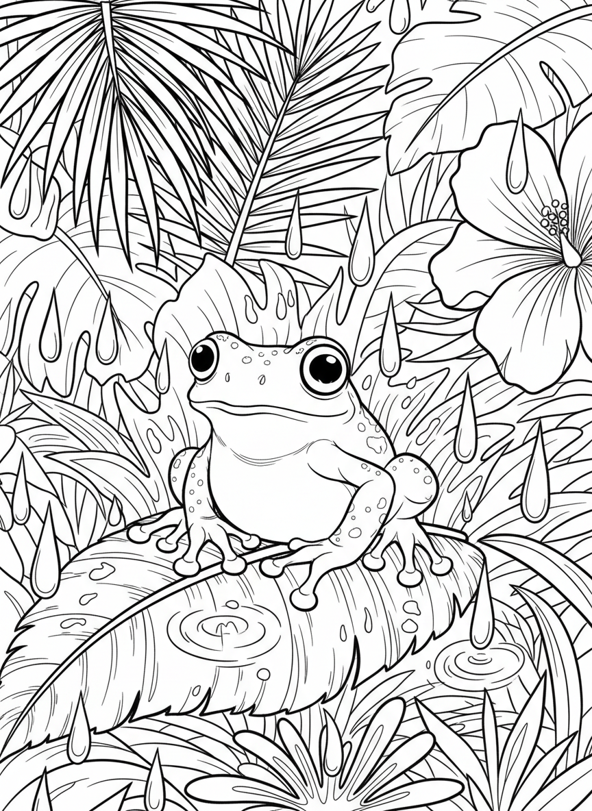 A tiny tree frog sitting on a large leaf, with big eyes, sticky toe pads, and raindrops around it.