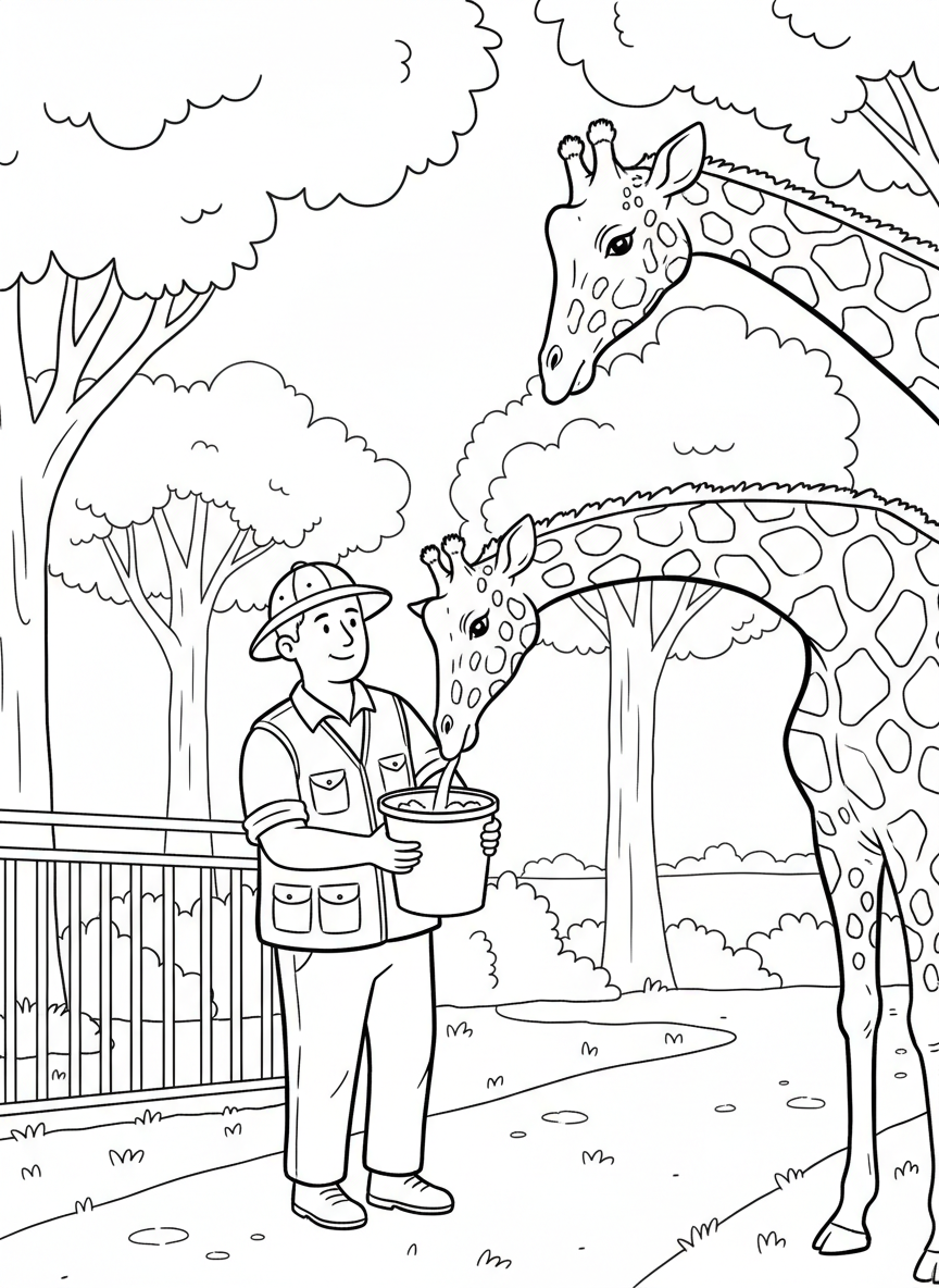 A zookeeper feeding giraffes from a bucket, wearing a safari hat and vest, with trees and zoo enclosure fencing visible.