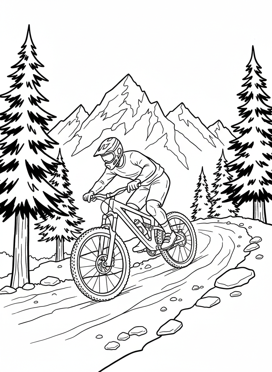 A mountain biker riding along a trail with pine trees and the Rocky Mountains in the background, action pose for adventure-loving kids.