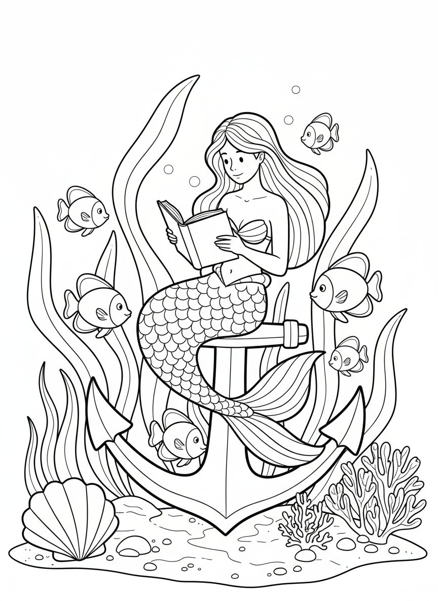 Mermaid reading a book while lounging on a decorative anchor, surrounded by curious tropical fish and swaying kelp, charming line art illustration