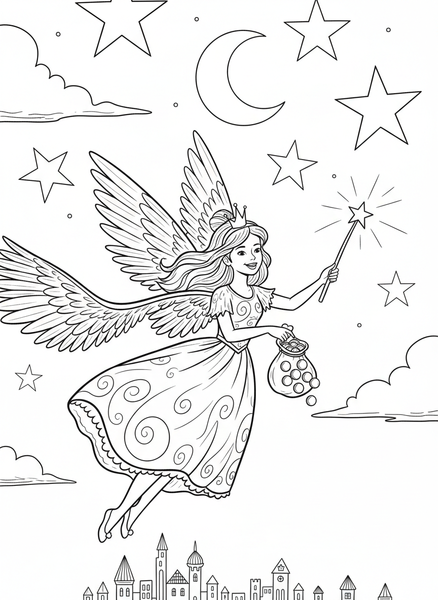A cheerful tooth fairy with large wings holding a magic wand, flying through a starry night sky with a small bag of coins
