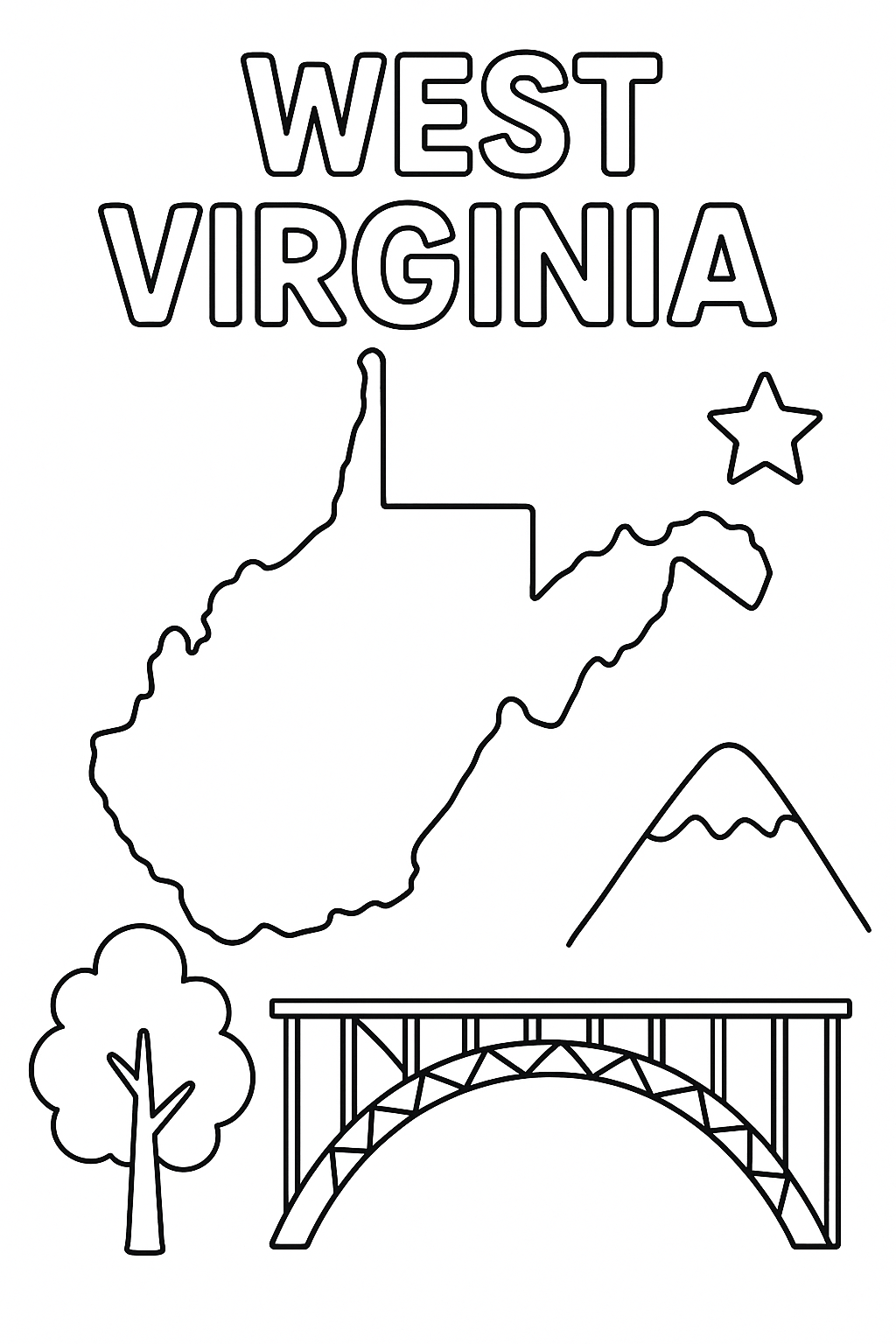 Write “West Virginia” once at the top in outlined letters. Make the state outline large and centered. Add one bridge, one tree, one mountain, and one star icon in corners.