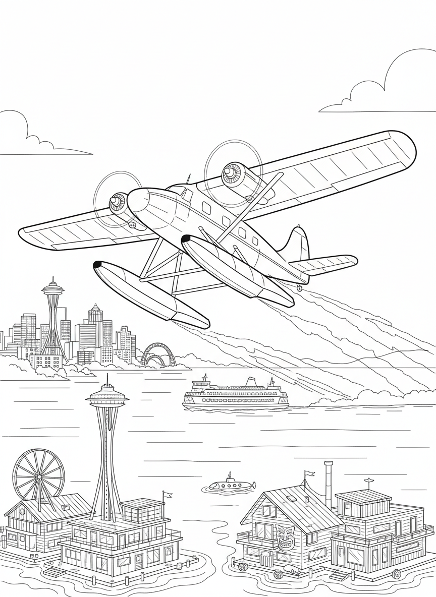 A seaplane taking off from Lake Union with houseboats floating nearby, unique Seattle transportation theme.