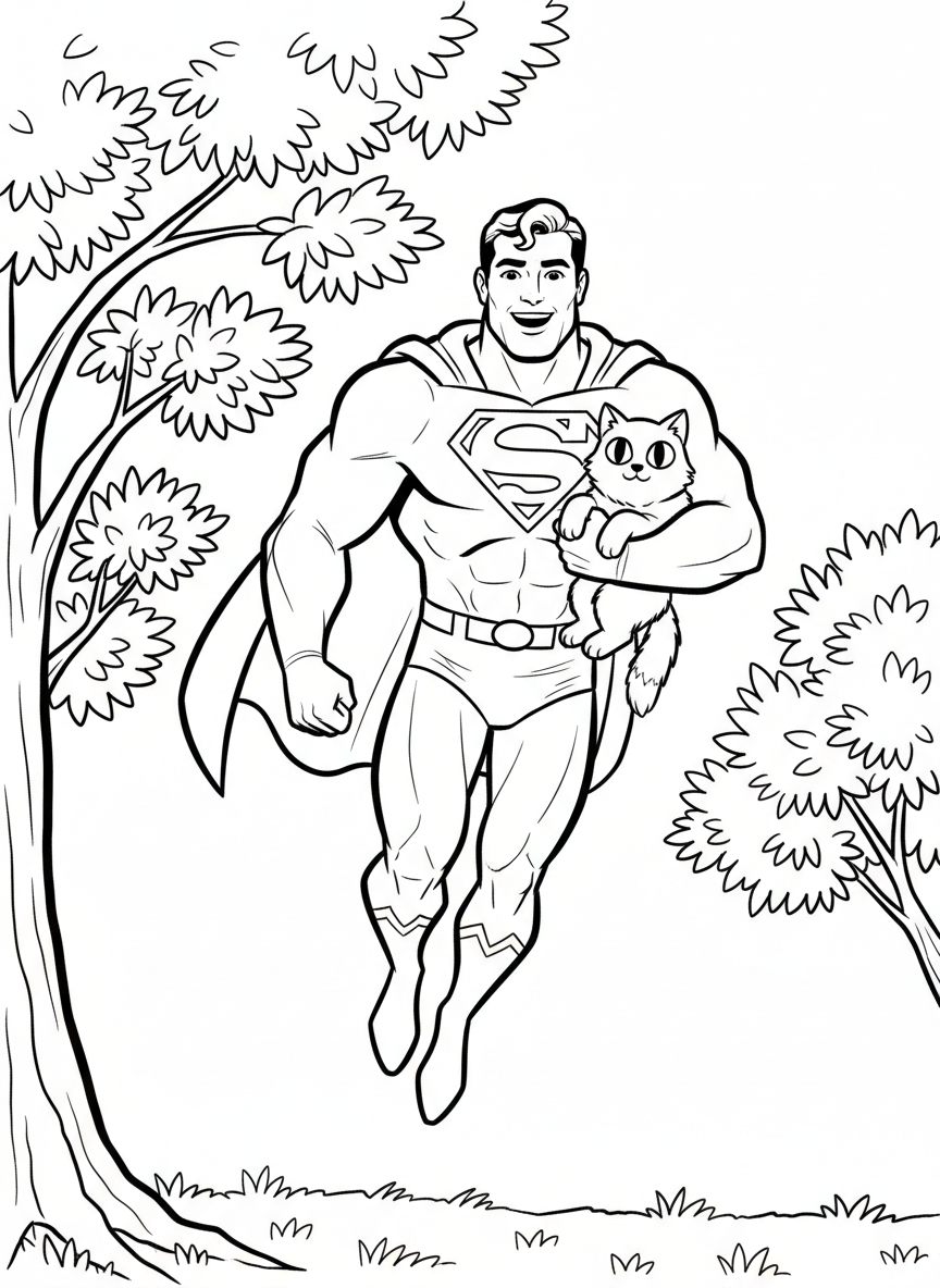 A flying superhero rescuing a cat from a tree, gentle scene with leaves and branches, friendly expression
