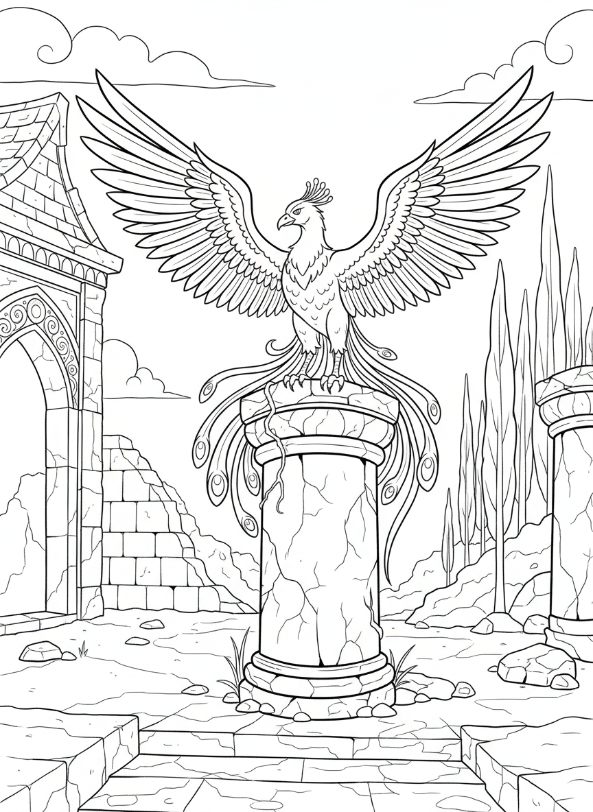 A phoenix spreading its wings wide while perched on an ancient stone pillar in a mystical temple.